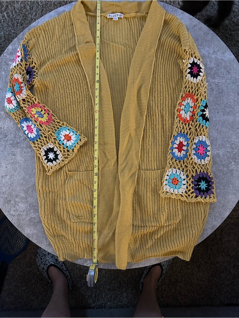 Blakely Mustard Open-Front Crochet-Sleeve Cardigan